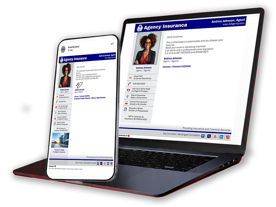 Brand My Email signature shown on a laptop and phone